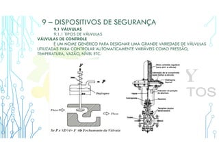 9 – DISPOSITIVOS DE SEGURANÇA
9.1 VÁLVULAS
9.1.1 TIPOS DE VÁLVULAS
VÁLVULAS DE CONTROLE
É UM NOME GENÉRICO PARA DESIGNAR UMA GRANDE VARIEDADE DE VÁLVULAS
UTILIZADAS PARA CONTROLAR AUTOMATICAMENTE VARIÁVEIS COMO PRESSÃO,
TEMPERATURA, VAZÃO, NÍVEL ETC.
 