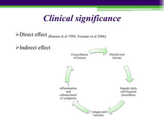 Clinical significance
Painful oral
lesions
Impede daily
oral hygiene
procedures
↑ plaque and
calculus
↑
inflammation
and
enhancement
of symptoms
Exacerbation
of lesions
Direct effect (Ramon et al 1999, Tricamo et al 2006)
Indirect effect
 