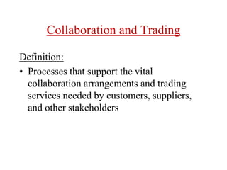 Collaboration and Trading
Definition:
• Processes that support the vital
collaboration arrangements and trading
services needed by customers, suppliers,
and other stakeholders
 