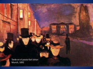 El cambio es
ya radical.
Los rostros
parecen
máscaras.
Así ve Munch
a la gente,
después de
cruzarse con
su amada
quien sigue
indiferente
su camino.

    Tarde en el paseo Karl Johan
    Tarde en el paseo Karl Johan, 1892
    Munch, 1892
 