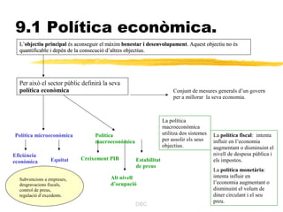 9.1 Política econòmica.
  L’objectiu principal és aconseguir el màxim benestar i desenvolupament. Aquest objectiu no és
  quantificable i depèn de la consecució d’altres objectius.




  Per això el sector públic definirà la seva
  política econòmica                                                  Conjunt de mesures generals d’un govern
                                                                      per a millorar la seva economia.



                                                                 La política
                                                                 macroeconòmica
Política microeconòmica           Política                       utilitza dos sistemes   La política fiscal: intenta
                                  macroeconòmica                 per assolir els seus    influir en l’economia
                                                                 objectius.              augmentant o disminuint el
Eficiència                                                                               nivell de despesa pública i
                 Equitat    Creixement PIB         Estabilitat                           els impostos.
econòmica
                                                   de preus
                                                                                         La política monetària:
                                        Alt nivell                                       intenta influir en
  Subvencions a empreses,
  desgravacions fiscals,                d’ocupació                                       l’economia augmentant o
  control de preus,                                                                      disminuint el volum de
  regulació d’excedents.                                                                 diner circulant i el seu
                                                                                         preu.
                                                   DBC
 