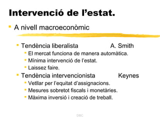 Intervenció de l’estat.
 A nivell macroeconòmic

   Tendència liberalista               A. Smith
     El mercat funciona de manera automàtica.
     Mínima intervenció de l’estat.
     Laissez faire.
   Tendència intervencionista                 Keynes
     Vetllar per l’equitat d’assignacions.
     Mesures sobretot fiscals i monetàries.
     Màxima inversió i creació de treball.


                          DBC
 