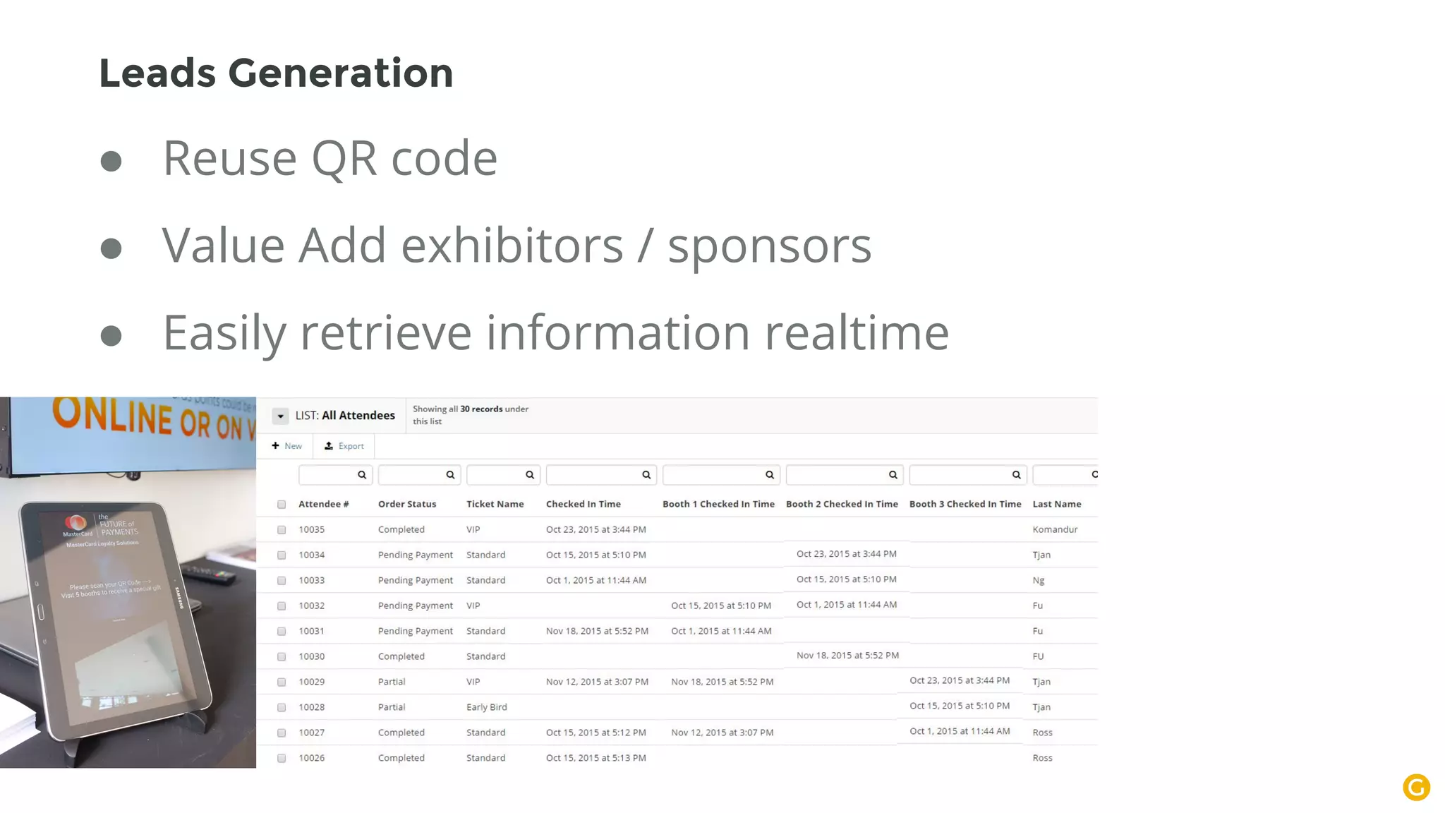 ● Reuse QR code
● Value Add exhibitors / sponsors
● Easily retrieve information realtime
Leads Generation
 