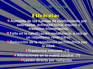 Aumento de las fuerzas de cizallamiento por
sobrepeso, actividad física, trauma o
trastorno biomecánico.
Falla en la calcificación metafisiaria, a raíz de
un raquitismo renal (raro).
Reducción de la resistencia pericóndrica con
la edad.
Trastornos inmunes. (?)
Alteraciones en la matriz condral. (?)
Lesión directa por radiación.
Epifisiolisis de CaderaEpifisiolisis de Cadera
Etiología:Etiología:
 