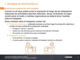 1. SISTEMAS DE PROTECCIÓN (V)

Control por protección del receptor
Cuando no se haya podido evitar la exposición al riesgo...