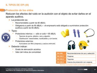 6. TIPOS DE EPI (III)

Protección de los oídos
Reducen los efectos del ruido en la audición con el objeto de evitar daños ...