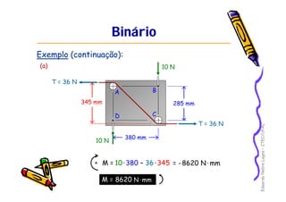 Eduardo Nobre Lages – CTEC/UFAL 
Binário 
Exemplo (continuação): 
10 N 
345 mm 285 mm 
10 N 
A B 
D C 
T = 36 N 
T = 36 N 
380 mm 
+ M = 
10·380 – 36 ·345 = -8620 N·mm 
M = 8620 N·mm 
(a) 
 