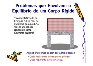 Eduardo Nobre Lages – CTEC/UFAL 
Problemas que Envolvem o 
Equilíbrio de um Corpo Rígido 
Para identificação da 
situação física real do 
problema de equilíbrio 
faz-se um esboço 
conhecido como 
diagrama espacial. 
Alguns problemas podem ser estabelecidos: 
• Quão resistentes devem ser os pilares? 
• Quão resistente deve ser a viga? 
 