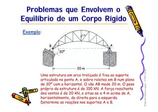 Eduardo Nobre Lages – CTEC/UFAL 
Problemas que Envolvem o 
Equilíbrio de um Corpo Rígido 
Exemplo: 
B A 
20 m 
30º 
Uma estrutura em arco treliçado é fixa ao suporte 
articulado no ponto A, e sobre roletes em B num plano 
de 30º com a horizontal. O vão AB mede 20 m. O peso 
próprio da estrutura é de 100 kN. A força resultante 
dos ventos é de 20 kN, e situa-se a 4 m acima de A, 
horizontalmente, da direita para a esquerda. 
Determine as reações nos suportes A e B. 
 