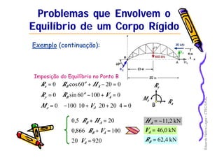 Eduardo Nobre Lages – CTEC/UFAL 
Problemas que Envolvem o 
Equilíbrio de um Corpo Rígido 
Exemplo (continuação): 
Imposição do Equilíbrio no Ponto B 
o 
x B R R H 
= 0 cos60 + - 20 = 0 A 
o 
y B R R V 
= 0 sin 60 -100 + = 0 A 
= 0-100×10 + × 20 + 20× 4 = 0 z A M V 
0,5× + = 20 B A R H 
0,866× + =100 B A R V 
20× = 920 A V 
Ry 
B 
Rx 
Mz 
= -11,2 kN A H 
= 46,0 kN A V 
= 62,4 kN B R 
 