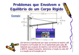 Eduardo Nobre Lages – CTEC/UFAL 
Problemas que Envolvem o 
Equilíbrio de um Corpo Rígido 
Exemplo: 
0,39 m 
Arquitetura Show Bar 
Um letreiro é pendurado por duas correntes no mastro AB. 
O mastro é articulado em A e é sustentado pelo cabo BC. 
Sabendo que os pesos do mastro e do letreiro são 1000 N 
e 800 N, respectivamente, determine a tração no cabo BC 
e a reação na articulação em A. 
 