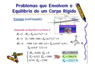 Eduardo Nobre Lages – CTEC/UFAL 
Problemas que Envolvem o 
Equilíbrio de um Corpo Rígido 
Exemplo (continuação): 
M = 0 - 1000 × 1,26 - 800 × 1,41 + T cos8,8 × 0,36 
+ 
A 
= 3184,0 N A H 
=1306,9 N A V 
= 3222,7 N BC T 
Imposição do Equilíbrio no Ponto A 
= 0 + cos171,2o = 0 
x A BC R H T 
= 0 -1000 -800 + sin171,2o = 0 
y A BC R V T 
sin 8,8 × 2,52 = 
0 
o 
BC 
o 
z BC 
T 
Ry 
Rx 
Mz 
- 0,988× = 0 A BC H T 
+ 0,153× =1800 A BC V T 
0,741× = 2388 BC T 
