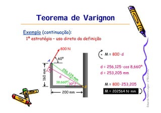 Eduardo Nobre Lages – CTEC/UFAL 
Teorema de Varignon 
Exemplo (continuação): 
1ª estratégia – uso direto da definição 
A 
B 
160 mm 
800 N 
60º 
38,660º 30º 
200 mm 
d 
+ M = 800·d 
d = 256,125 · cos 8,660º 
d = 253,205 mm 
M = 800·253,205 
M = 202564 N ·mm 
 