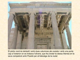 El pòrtic nord és tetràstil i amb dues columnes als costats i amb una porta cap a l’exterior on es trobava l’olivera, que ...