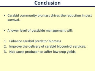 Conclusion

• Carabid community biomass drives the reduction in pest
  survival.

• A lower level of pesticide management will:

1. Enhance carabid predator biomass.
2. Improve the delivery of carabid biocontrol services.
3. Not cause producer to suffer low crop yields.
 
