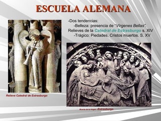 ESCUELA ALEMANA
                                  -Dos tendencias:
                                     -Belleza: presencia de “Vírgenes Bellas”.
                                  Relieves de la Catedral de Estrasburgo s. XIV
                                     -Trágico: Piedades, Cristos muertos. S. XV




Relieve Catedral de Estrasburgo




                                       Muerte de la Virgen –Estrasburgo
 