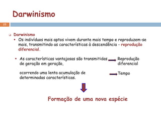 Darwinismo
25


        Darwinismo
          Os indivíduos mais aptos vivem durante mais tempo e reproduzem-se
           mais, transmitindo as características à descendência - reprodução
           diferencial.

          As características vantajosas são transmitidas    Reprodução
           de geração em geração,                            diferencial

            ocorrendo uma lenta acumulação de                Tempo
            determinadas características.




                          Formação de uma nova espécie
 