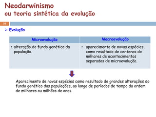 Neodarwinismo
 ou teoria sintética da evolução
38

  Evolução

                Microevolução                       Macroevolução

     • alteração do fundo genético da    • aparecimento de novas espécies,
       população.                          como resultado de centenas de
                                           milhares de acontecimentos
                                           separados de microevolução.




       Aparecimento de novas espécies como resultado de grandes alterações do
       fundo genético das populações, ao longo de períodos de tempo da ordem
       de milhares ou milhões de anos.
 