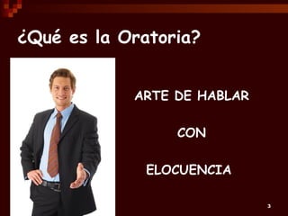 ¿Qué es la Oratoria?


            ARTE DE HABLAR

                 CON

              ELOCUENCIA

                             3
 