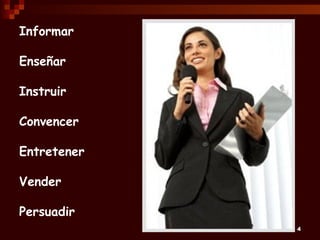 Informar

Enseñar

Instruir

Convencer

Entretener

Vender

Persuadir
             4
 