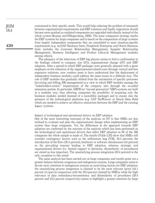JEIM   customized to their speciﬁc needs. This would help reducing the problem of mismatch
18,4   between organizational requirements and ERP solutions and ﬁnally migrations should
       become more gradual as outdated components are upgraded individually instead of the
       whole system (Kumar and Hillegersberg, 2000). The same component strategy marks
       the ERP systems for large companies and is based on the composition of large systems
       from largely independent components that are assembled to meet situation-speciﬁc
420    requirements (e.g. mySAP Business Suite, Peoplesoft Enterprise and Oracle Business
       Suite includes the Customer Relationship Management, Supplier Relationship
       Management, Business Intelligence and Product Lifecycle Management modules
       among others).
          The adequacy of the behaviour of ERP big players seems to ﬁnd a conﬁrmation in
       the ﬁndings related to company size (H1), organizational change (H7) and ERP
       adoption. After a period in which ERP packages were generally planned with a great
       emphasis on the reduction of the organizational-related costs through vertical and less
       expensive solutions, now vendors seem to have understood that the deployment of
       independent business modules could address the same issues in a different way. The
       role of ERP modules has gradually shifted from the automation of speciﬁc processes
       (invoicing and billing, HR management) to a view in which ERP modules manage the
       “stakeholders-centric” requirements of the company also through the so-called
       enterprise portals. In particular, ERPII (or “second generation” ERP) systems are built
       in a modular way, thus allowing companies the possibility of acquiring only the
       business modules needed (instead of a monolithic package) and to ensure also the
       presence of the technological platforms (e.g. SAP NetWeaver or Oracle Data Hub)
       which are needed to achieve an effective interaction between the ERP and the existing
       legacy systems.


       Impact of technological and operational drivers on ERP adoption
       One of the most interesting outcomes of the analysis on H7 is that SMEs are less
       inclined to evaluate and plan the organizational change when implementing an ERP
       system than large companies. Yet, the differences in the approach towards ERP
       adoption are conﬁrmed by the outcome of the analysis which has been performed on
       the technological and operational drivers that affect ERP adoption in 90 of the 366
       companies the whole sample is made of. The results (Table LXI) show that SMEs still
       consider contingency factors such as the millennium bug (Y2K, 30.4 percent), the
       introduction of the Euro (30.4 percent), hardware or software obsolescence (44 percent)
       as the prevailing reasons leading to ERP adoption, whereas strategic and
       organizational drivers (i.e. limited support to decisions, dissimilarity of procedures)
       are stated as less important. The unsatisfying process integration (30.4 percent) is the
       only exception to this trend.
          The same analysis has been carried out on large companies and results point out a
       greater balance between exogenous and endogenous reasons. Large companies seem to
       devote more attention to endogenous reasons as motivating factors for ERP adoption:
       the unsatisfying process integration is claimed to be the most relevant factor (44.1
       percent of cases in comparison with the 30.4 percent claimed by SMEs), while the high
       relevance of data redundancy/inconsistency and dissimilarity of procedures (29.4
       percent and 23.5 percent respectively) seems to highlight a greater attention by large
 