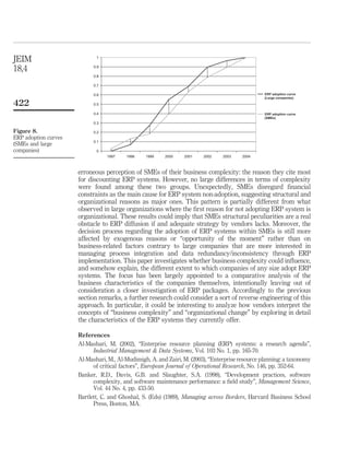 JEIM
18,4


422


Figure 8.
ERP adoption curves
(SMEs and large
companies)


                      erroneous perception of SMEs of their business complexity: the reason they cite most
                      for discounting ERP systems. However, no large differences in terms of complexity
                      were found among these two groups. Unexpectedly, SMEs disregard ﬁnancial
                      constraints as the main cause for ERP system non-adoption, suggesting structural and
                      organizational reasons as major ones. This pattern is partially different from what
                      observed in large organizations where the ﬁrst reason for not adopting ERP system is
                      organizational. These results could imply that SMEs structural peculiarities are a real
                      obstacle to ERP diffusion if and adequate strategy by vendors lacks. Moreover, the
                      decision process regarding the adoption of ERP systems within SMEs is still more
                      affected by exogenous reasons or “opportunity of the moment” rather than on
                      business-related factors contrary to large companies that are more interested in
                      managing process integration and data redundancy/inconsistency through ERP
                      implementation. This paper investigates whether business complexity could inﬂuence,
                      and somehow explain, the different extent to which companies of any size adopt ERP
                      systems. The focus has been largely appointed to a comparative analysis of the
                      business characteristics of the companies themselves, intentionally leaving out of
                      consideration a closer investigation of ERP packages. Accordingly to the previous
                      section remarks, a further research could consider a sort of reverse engineering of this
                      approach. In particular, it could be interesting to analyze how vendors interpret the
                      concepts of “business complexity” and “organizational change” by exploring in detail
                      the characteristics of the ERP systems they currently offer.

                      References
                      Al-Mashari, M. (2002), “Enterprise resource planning (ERP) systems: a research agenda”,
                            Industrial Management & Data Systems, Vol. 103 No. 1, pp. 165-70.
                      Al-Mashari, M., Al-Mudimigh, A. and Zairi, M. (2003), “Enterprise resource planning: a taxonomy
                            of critical factors”, European Journal of Operational Research, No. 146, pp. 352-64.
                      Banker, R.D., Davis, G.B. and Slaughter, S.A. (1998), “Development practices, software
                            complexity, and software maintenance performance: a ﬁeld study”, Management Science,
                            Vol. 44 No. 4, pp. 433-50.
                      Bartlett, C. and Ghoshal, S. (Eds) (1989), Managing across Borders, Harvard Business School
                            Press, Boston, MA.
 