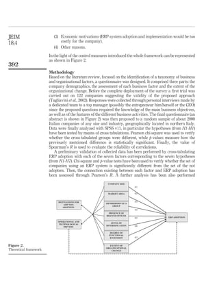 JEIM                       (3) Economic motivations (ERP system adoption and implementation would be too
18,4                           costly for the company).
                           (4) Other reasons.

                        In the light of the control measures introduced the whole framework can be represented
                        as shown in Figure 2.
392
                        Methodology
                        Based on the literature review, focused on the identiﬁcation of a taxonomy of business
                        and organisational factors, a questionnaire was designed. It comprised three parts: the
                        company demographics, the assessment of each business factor and the extent of the
                        organizational change. Before the complete deployment of the survey a ﬁrst trial was
                        carried out on 122 companies suggesting the validity of the proposed approach
                        (Tagliavini et al., 2002). Responses were collected through personal interviews made by
                        a dedicated team to a top manager (possibly the entrepreneur him/herself or the CEO)
                        since the proposed questions required the knowledge of the main business objectives,
                        as well as of the features of the different business activities. The ﬁnal questionnaire (an
                        abstract is shown in Figure 2) was then proposed to a random sample of about 2000
                        Italian companies of any size and industry, geographically located in northern Italy.
                        Data were ﬁnally analyzed with SPSS v11, in particular the hypotheses (from H1-H7)
                        have been tested by means of cross tabulations. Pearson chi-square was used to verify
                        whether the cross-tabulated groups were different, while p-values measure how the
                        previously mentioned difference is statistically signiﬁcant. Finally, the value of
                        Spearman’s R is used to evaluate the reliability of correlations.
                            A preliminary validation of collected data has been performed by cross-tabulating
                        ERP adoption with each of the seven factors corresponding to the seven hypotheses
                        (from H1-H7). Chi-square and p-value tests have been used to verify whether the set of
                        companies using an ERP system is signiﬁcantly different from the set of the not
                        adopters. Then, the connection existing between each factor and ERP adoption has
                        been assessed through Pearson’s R. A further analysis has been also performed




Figure 2.
Theoretical framework
 