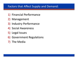 Factors that Affect Supply and Demand:

1)   Financial Performance
2)   Management
3)   Industry Performance
4)   Social Awareness
5)   Legal Issues
6)   Government Regulations
7)   The Media
 
