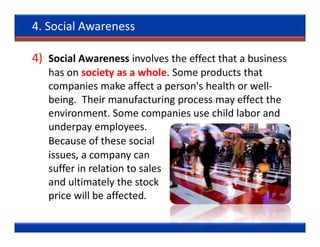 4. Social Awareness

4) Social Awareness involves the effect that a business
   has on society as a whole. Some products that
   companies make affect a person's health or well-
   being. Their manufacturing process may effect the
   environment. Some companies use child labor and
   underpay employees.
   Because of these social
   issues, a company can
   suffer in relation to sales
   and ultimately the stock
   price will be affected.
 