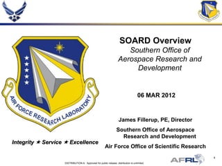 SOARD Overview
                                                                     Southern Office of
                                                                  Aerospace Research and
                                                                       Development


                                                                                   06 MAR 2012


                                                                   James Fillerup, PE, Director
                                                                 Southern Office of Aerospace
                                                                   Research and Development
Integrity  Service  Excellence
                                                      Air Force Office of Scientific Research
                                                                                                  1
                   DISTRIBUTION A: Approved for public release; distribution is unlimited.
 