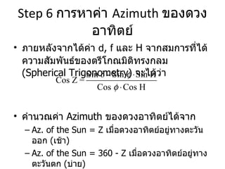 Step 6  การหาค่า  Azimuth  ของดวงอาทิตย์ ภายหลังจากได้ค่า  d ,  f   และ  H  จากสมการที่ได้ความสัมพันธ์ของตรีโกณมิติทรงกลม  (Spherical Trigonometry)   จะได้ว่า คำนวณค่า  Azimuth  ของดวงอาทิตย์ได้จาก Az. of the Sun = Z  เมื่อดวงอาทิตย์อยู่ทางตะวันออก   ( เช้า ) Az. of the Sun = 360 - Z  เมื่อดวงอาทิตย์อยู่ทางตะวันตก   ( บ่าย ) 