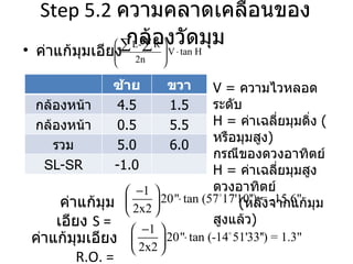 Step 5.2  ความคลาดเคลื่อนของกล้องวัดมุม ค่าแก้มุมเอียง  ค่าแก้มุมเอียง   S  =   V =  ความไวหลอดระดับ H =  ค่าเฉลี่ยมุมดิ่ง  ( หรือมุมสูง ) กรณีของดวงอาทิตย์ H =  ค่าเฉลี่ยมุมสูงดวงอาทิตย์ ( หลังจากแก้มุมสูงแล้ว ) ค่าแก้มุมเอียง   R.O.  =   ซ้าย ขวา กล้องหน้าซ้าย 4.5 1.5 กล้องหน้าขวา 0.5 5.5 รวม 5.0 6.0 S L- S R -1.0 
