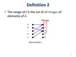 Definition 2
• The range of f is the set of all images of
elements of A.
13
1
2
3
4
5
a
e
i
o
u
Some function…
Range
 