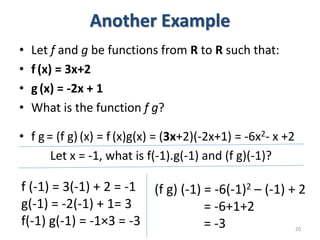 Another Example
• Let f and g be functions from R to R such that:
• f (x) = 3x+2
• g (x) = -2x + 1
• What is the function f g?
• f g= (f g)(x) = f (x)g(x) = (3x+2)(-2x+1) = -6x2- x +2
Let x = -1, what is f(-1).g(-1) and (f g)(-1)?
20
f (-1) = 3(-1) + 2 = -1
g(-1) = -2(-1) + 1= 3
f(-1) g(-1) = -1×3 = -3
(f g) (-1) = -6(-1)2 – (-1) + 2
= -6+1+2
= -3
 