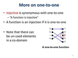 More on one-to-one
• Injective is synonymous with one-to-one
– “A function is injective”
• A function is an injection if it is one-to-one
• Note that there can
be un-used elements
in a co-domain
23
1
2
3
4
5
a
e
i
o
A one-to-one function
 