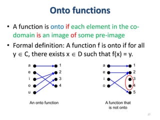 Onto functions
• A function is onto if each element in the co-
domain is an image of some pre-image
• Formal definition: A function f is onto if for all
y  C, there exists x  D such that f(x) = y.
27
1
2
3
4
5
a
e
i
o
A function that
is not onto
1
2
3
4
a
e
i
o
u
An onto function
 