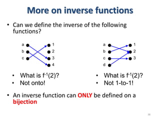 More on inverse functions
• Can we define the inverse of the following
functions?
• An inverse function can ONLY be defined on a
bijection
38
1
2
3
4
a
b
c
1
2
3
a
b
c
d
• What is f-1(2)?
• Not onto!
• What is f-1(2)?
• Not 1-to-1!
 
