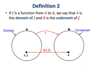 Definition 2
• If f is a function from A to B, we say that A is
the domain of f and B is the codomain of f.
9
A B
f
4.3 4
Domain Co-domain
f(4.3)
 