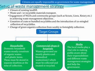 Setup of waste management strategy
• Closure of existing landfill.
• Waste and / or recyclable materials transport.
• Engagement of NGOs and community groups (such as Scouts, Lions, Rotary etc.)
in achieving waste management objectives .
• Cessation of crate or bundled recyclables and the introduction of co-mingled
collection of recyclables.
• Change of green organics collection from weekly to fortnightly collection.
Target Groups
Households
Domestic household
wastes mostly constitute
of organic wastes
and plastic items.
These must be stored in
separate dustbins at the
time of collection.
Commercial shops &
hospitals
Wastes generated are
mostly plastics and
biomedical
wastes(toxic) which
must be collected and
treated or recycled.
Media
The local media play a
vital role in making
public aware about
their responsibilities
and different waste
management strategies
and help the
government.
Citizens are equally responsible as government for waste management
 