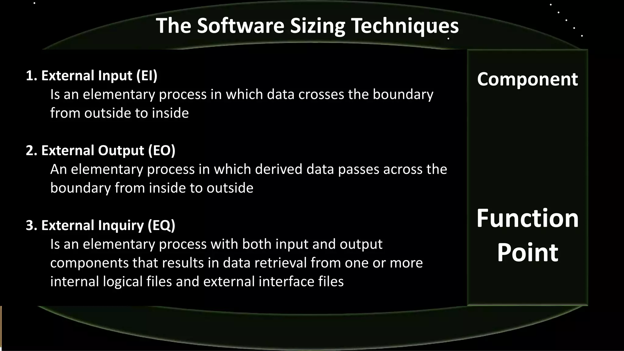 Component
Function
Point
The Software Sizing Techniques
1. External Input (EI)
Is an elementary process in which data crosses the boundary
from outside to inside
2. External Output (EO)
An elementary process in which derived data passes across the
boundary from inside to outside
3. External Inquiry (EQ)
Is an elementary process with both input and output
components that results in data retrieval from one or more
internal logical files and external interface files
 