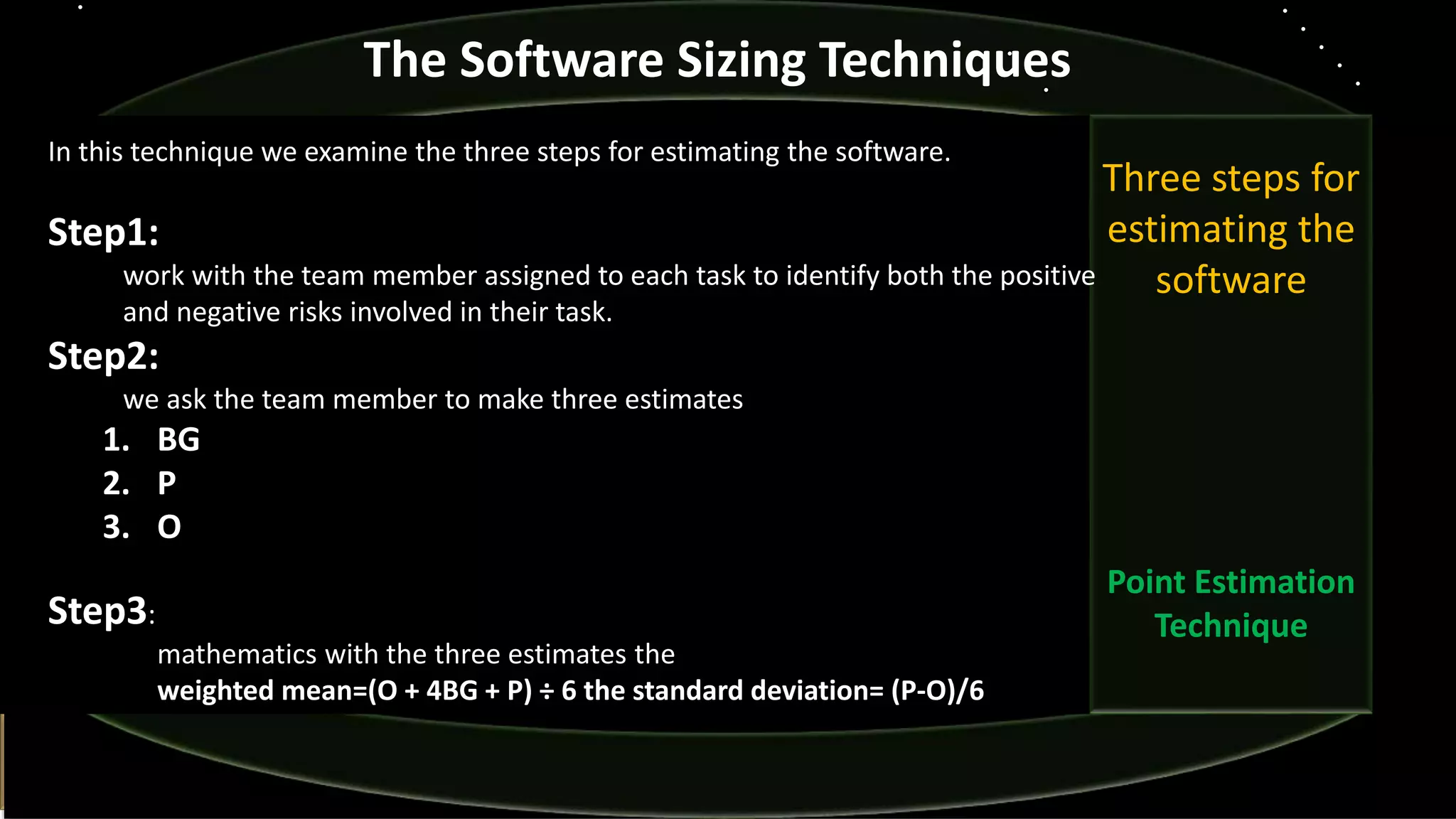 Three steps for
estimating the
software
Point Estimation
Technique
The Software Sizing Techniques
In this technique we examine the three steps for estimating the software.
Step1:
work with the team member assigned to each task to identify both the positive
and negative risks involved in their task.
Step2:
we ask the team member to make three estimates
1. BG
2. P
3. O
Step3:
mathematics with the three estimates the
weighted mean=(O + 4BG + P) ÷ 6 the standard deviation= (P-O)/6
 