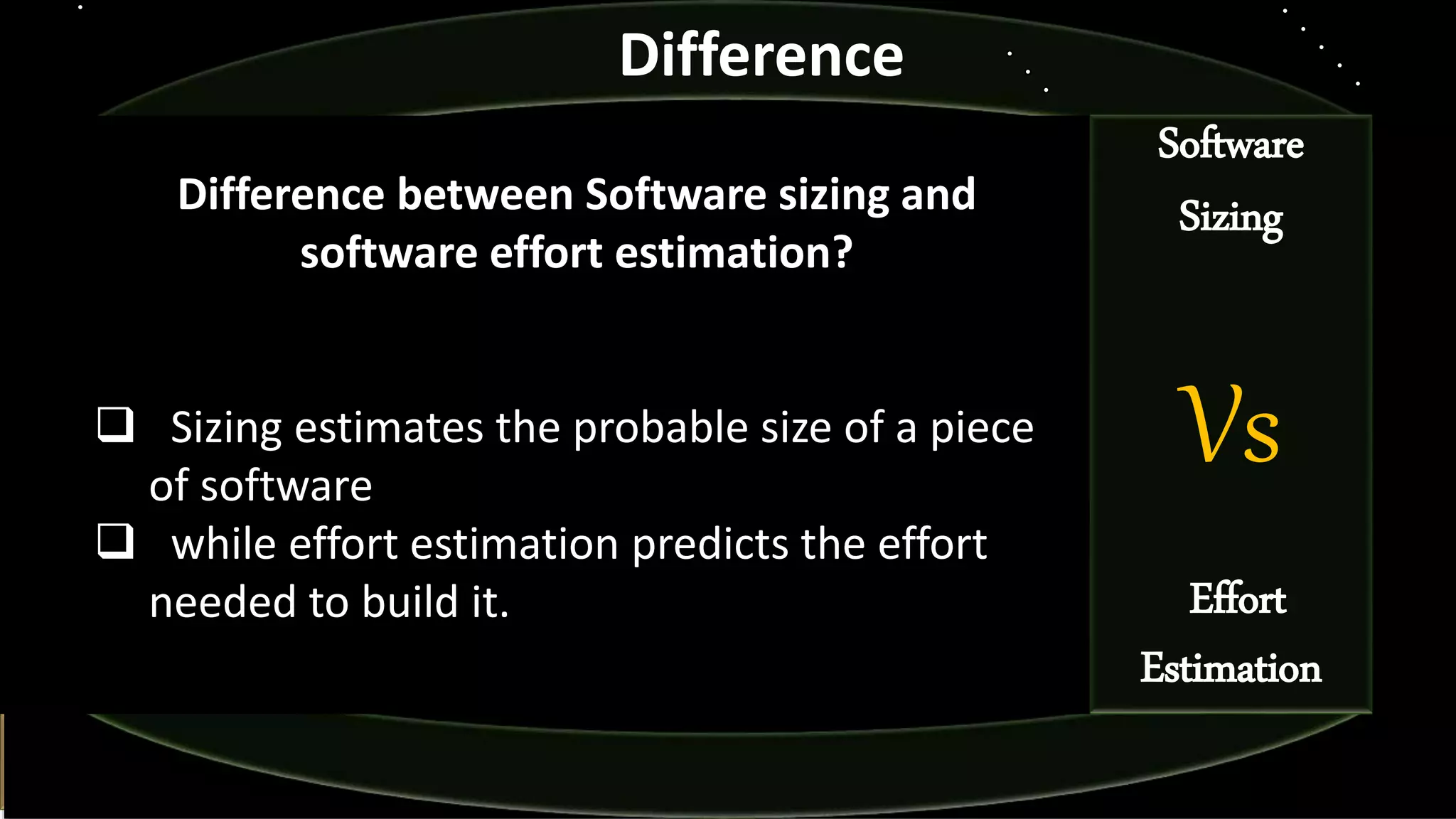 Difference between Software sizing and
software effort estimation?
 Sizing estimates the probable size of a piece
of software
 while effort estimation predicts the effort
needed to build it.
Difference
Software
Sizing
Vs
Effort
Estimation
 