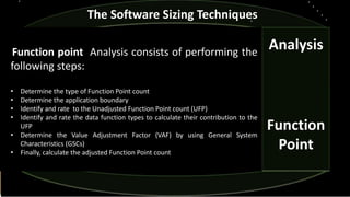Analysis
Function
Point
The Software Sizing Techniques
Function point Analysis consists of performing the
following steps:
• Determine the type of Function Point count
• Determine the application boundary
• Identify and rate to the Unadjusted Function Point count (UFP)
• Identify and rate the data function types to calculate their contribution to the
UFP
• Determine the Value Adjustment Factor (VAF) by using General System
Characteristics (GSCs)
• Finally, calculate the adjusted Function Point count
 
