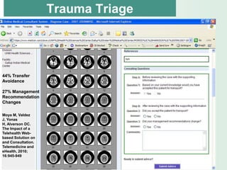 Trauma Triage




44% Transfer
Avoidance

27% Management
Recommendation
Changes

Moya M, Valdez
J, Yonas
H, Alverson DC.
The Impact of a
Telehealth Web-
based Solution on
and Consultation.
Telemedicine and
eHealth, 2010;
16:945-949
 
