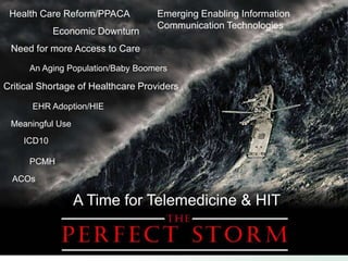 Health Care Reform/PPACA          Emerging Enabling Information
                                   Communication Technologies
            Economic Downturn
 Need for more Access to Care
      An Aging Population/Baby Boomers

Critical Shortage of Healthcare Providers

      EHR Adoption/HIE

 Meaningful Use
    ICD10

      PCMH

  ACOs

                  A Time for Telemedicine & HIT
 