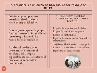 5. DESARROLLAR UN GUIÓN DE DESARROLLO DEL TRABAJO DE
TALLER.
Diseñe un plan operativo
estandarizado de todas las
posibles etapas del taller.
Esto asegurará que cada grupo
focal se desarrollará con idéntica
metodología haciendo los
resultados más confiables.
Ayudará al moderador o
coordinador a manejar el
problema del tiempo y
especialmente si él es externo al
proceso (un moderador
profesional).
5.1. LA LOGÍSTICA DE LAS
REUNIONES DE LOS GRUPOS
FOCALES
 El guión de organización delTaller
 La guía de temáticas - preguntas
 Listado de Participantes
 Equipos de sonido, grabación y video y
computación
 Tarjetas de identificación o escarapelas
 Libreta de notas, lápices, marcadores
 Papelógrafos, papel y fichas
18
 