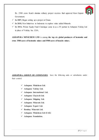 17 | P a g e
Rs. 2500 crore Kutch alumina refinery project receives final approval from Gujarat
Government.
 In 2007, Began setting up a project at Oman.
 In 2010, New Initiatives in Indonesia to explore value added Minerals.
 In 2014, Private Equity Fund Cistenique came in as a JV partner in Ashapura Volclay Ltd
in place of Volclay Inc. USA.
ASHAPURA MINICHEM LTD is among the top six global producers of bentonite and
owns 3500 acres of bentonite mines and 5500 acres of bauxite mines.
ASHAPURA GROUP OF COMPANIES have the following units or subsidiaries under
their control:
 Ashapura Minichem Ltd.
 Ashapura Volclay Ltd.
 Ashapura International Ltd.
 Ashapura Claytech Ltd.
 Ashapura Shipping Ltd.
 Ashapura Minerals Ltd.
 Ashapura Export Ltd.
 Bombay Minerals Ltd.
 Ashapura Minichem Ltd (UAE)
 Ashapura Foundation.
 