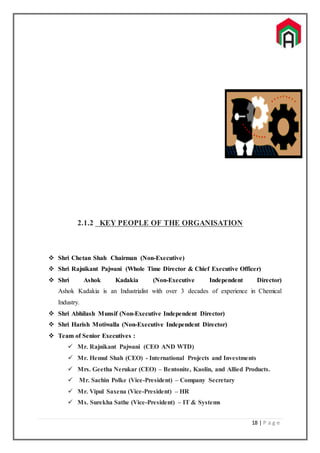 18 | P a g e
2.1.2 KEY PEOPLE OF THE ORGANISATION
 Shri Chetan Shah Chairman (Non-Executive)
 Shri Rajnikant Pajwani (Whole Time Director & Chief Executive Officer)
 Shri Ashok Kadakia (Non-Executive Independent Director)
Ashok Kadakia is an Industrialist with over 3 decades of experience in Chemical
Industry.
 Shri Abhilash Munsif (Non-Executive Independent Director)
 Shri Harish Motiwalla (Non-Executive Independent Director)
 Team of Senior Executives :
 Mr. Rajnikant Pajwani (CEO AND WTD)
 Mr. Hemul Shah (CEO) - International Projects and Investments
 Mrs. Geetha Nerukar (CEO) – Bentonite, Kaolin, and Allied Products.
 Mr. Sachin Polke (Vice-President) – Company Secretary
 Mr. Vipul Saxena (Vice-President) – HR
 Ms. Surekha Sathe (Vice-President) – IT & Systems
 