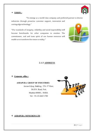 21 | P a g e
 VISION :
“To emerge as a world class company and preferred partner to diverse
industries through proactive customer support, innovation and
cuttingedgetechnology.”
“Our standards of integrity, reliability and social responsibility will
become benchmarks for other companies to emulate. The
commitment, zeal and team spirit of our human resources will
enable ustotransform this vision toreality.”
2.1.5 ADDRESS
 Corporate office :
ASHAPURA GROUP OF INDUSTRIES
Jeevan-Udyog Building, 278- 3rd Floor,
Dr.D.N. Road, Fort,
Mumbai-400001, INDIA
Tel- +91-22-6665 1700
 ASHAPURA MINICHEM LTD :
 