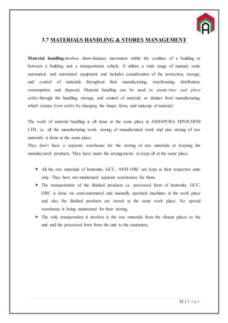 51 | P a g e
3.7 MATERIALS HANDLING & STORES MANAGEMENT
Material handling involves short-distance movement within the confines of a building or
between a building and a transportation vehicle. It utilizes a wide range of manual, semi-
automated, and automated equipment and includes consideration of the protection, storage,
and control of materials throughout their manufacturing, warehousing, distribution,
consumption, and disposal. Material handling can be used to create time and place
utility through the handling, storage, and control of material, as distinct from manufacturing,
which creates form utility by changing the shape, form, and makeup of material.
The work of material handling is all done at the same place in ASHAPURA MINICHEM
LTD. i.e. all the manufacturing work, storing of manufactured work and also storing of raw
materials is done at the same place.
They don’t have a separate warehouse for the storing of raw materials or keeping the
manufactured products. They have made the arrangements to keep all at the same place.
 All the raw materials of bentonite, GCC, AND ORC are kept at their respective units
only. They have not maintained separate warehouses for them.
 The transportation of the finished products i.e. processed form of bentonite, GCC,
ORC is done via semi-automated and manually operated machines at the work place
and also the finished products are stored at the same work place. No special
warehouse is being maintained for their storing.
 The only transporation it involves is the raw materials from the distant places to the
unit and the processed form from the unit to the customers.
 